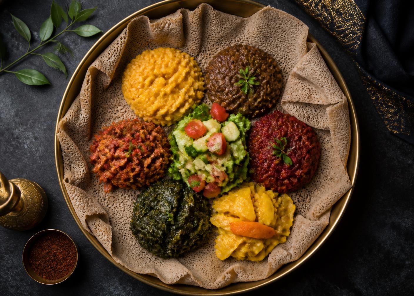 Beyaynetu composé de sept préparations végétales sur injera